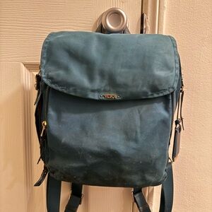 TUMI Teal Blue Nylon Backpack Gold Hardware Rough Condition